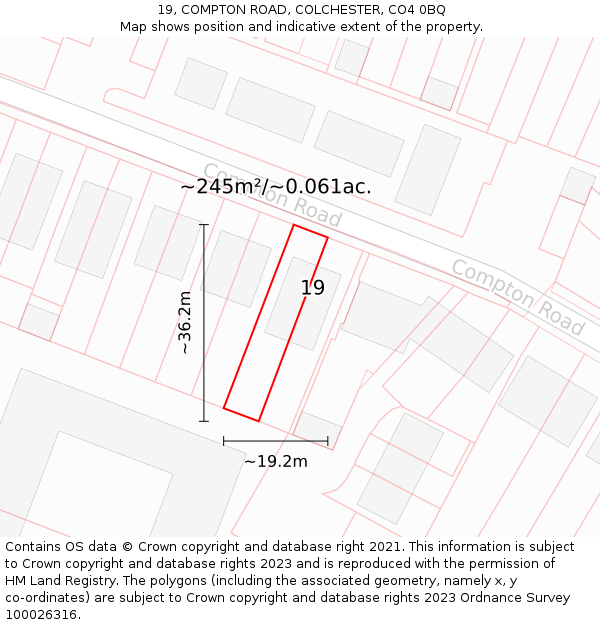 19, COMPTON ROAD, COLCHESTER, CO4 0BQ: Plot and title map