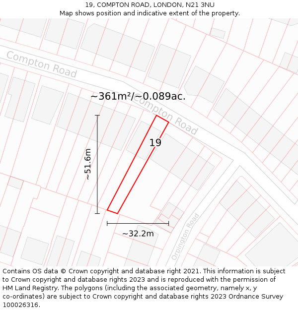 19, COMPTON ROAD, LONDON, N21 3NU: Plot and title map