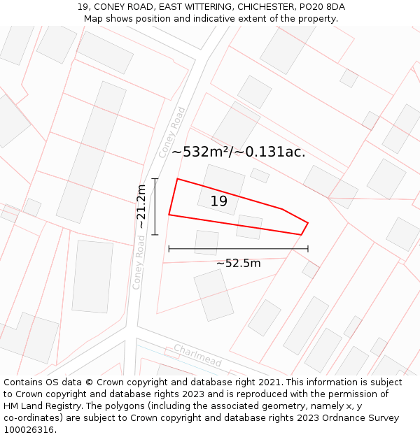 19, CONEY ROAD, EAST WITTERING, CHICHESTER, PO20 8DA: Plot and title map