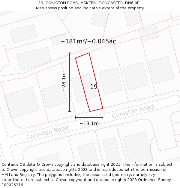 19, CONISTON ROAD, ASKERN, DONCASTER, DN6 0EH: Plot and title map
