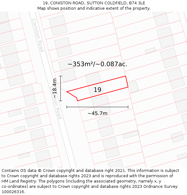 19, CONISTON ROAD, SUTTON COLDFIELD, B74 3LE: Plot and title map