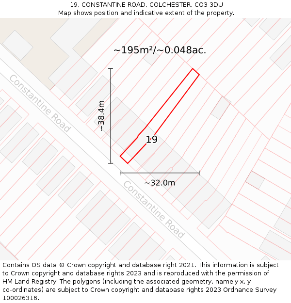19, CONSTANTINE ROAD, COLCHESTER, CO3 3DU: Plot and title map