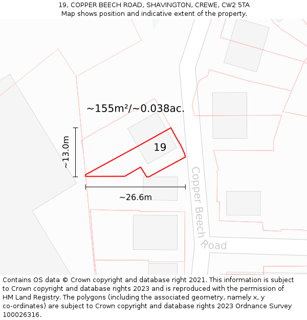 19, COPPER BEECH ROAD, SHAVINGTON, CREWE, CW2 5TA: Plot and title map