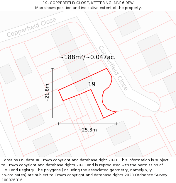 19, COPPERFIELD CLOSE, KETTERING, NN16 9EW: Plot and title map