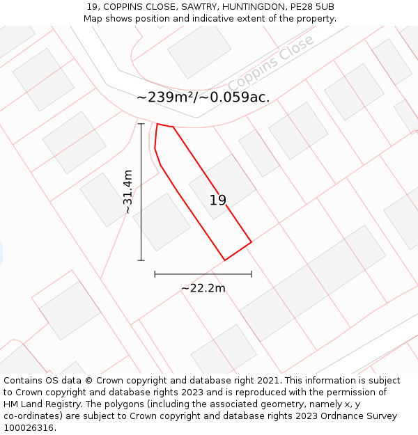 19, COPPINS CLOSE, SAWTRY, HUNTINGDON, PE28 5UB: Plot and title map