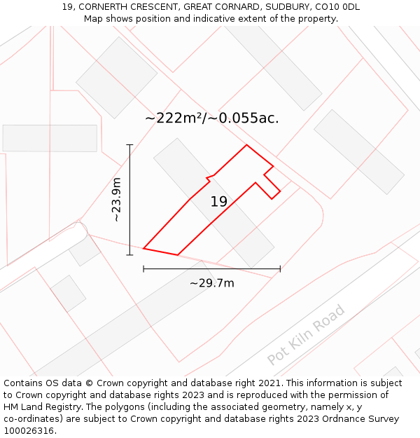 19, CORNERTH CRESCENT, GREAT CORNARD, SUDBURY, CO10 0DL: Plot and title map