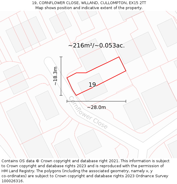 19, CORNFLOWER CLOSE, WILLAND, CULLOMPTON, EX15 2TT: Plot and title map