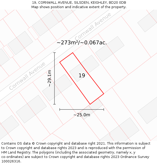 19, CORNWALL AVENUE, SILSDEN, KEIGHLEY, BD20 0DB: Plot and title map