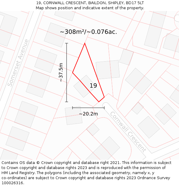 19, CORNWALL CRESCENT, BAILDON, SHIPLEY, BD17 5LT: Plot and title map