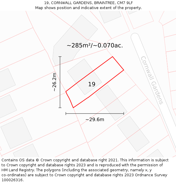 19, CORNWALL GARDENS, BRAINTREE, CM7 9LF: Plot and title map