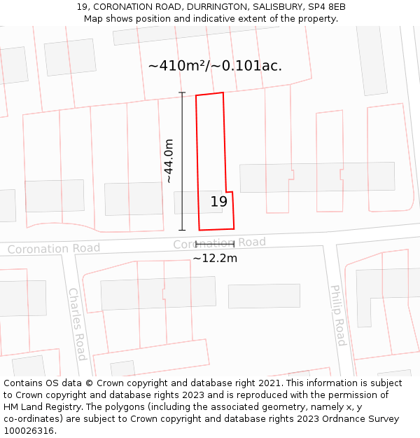 19, CORONATION ROAD, DURRINGTON, SALISBURY, SP4 8EB: Plot and title map