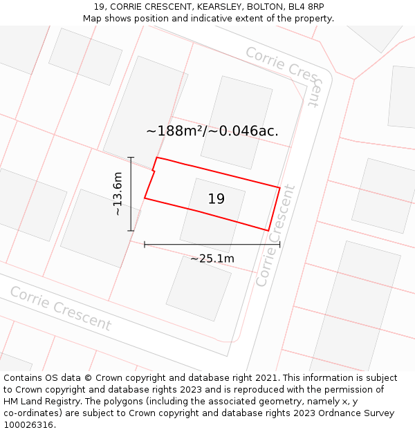19, CORRIE CRESCENT, KEARSLEY, BOLTON, BL4 8RP: Plot and title map