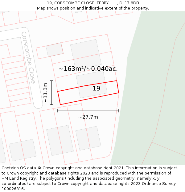 19, CORSCOMBE CLOSE, FERRYHILL, DL17 8DB: Plot and title map