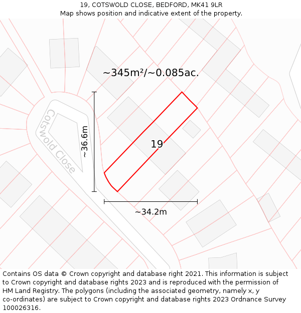 19, COTSWOLD CLOSE, BEDFORD, MK41 9LR: Plot and title map