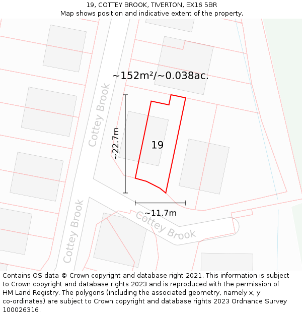 19, COTTEY BROOK, TIVERTON, EX16 5BR: Plot and title map