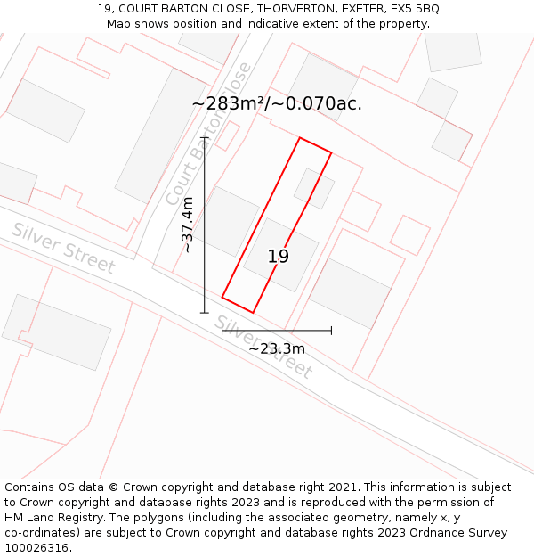 19, COURT BARTON CLOSE, THORVERTON, EXETER, EX5 5BQ: Plot and title map