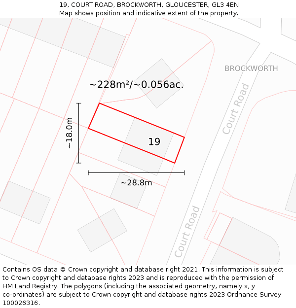 19, COURT ROAD, BROCKWORTH, GLOUCESTER, GL3 4EN: Plot and title map