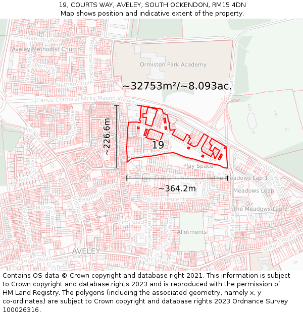 19, COURTS WAY, AVELEY, SOUTH OCKENDON, RM15 4DN: Plot and title map