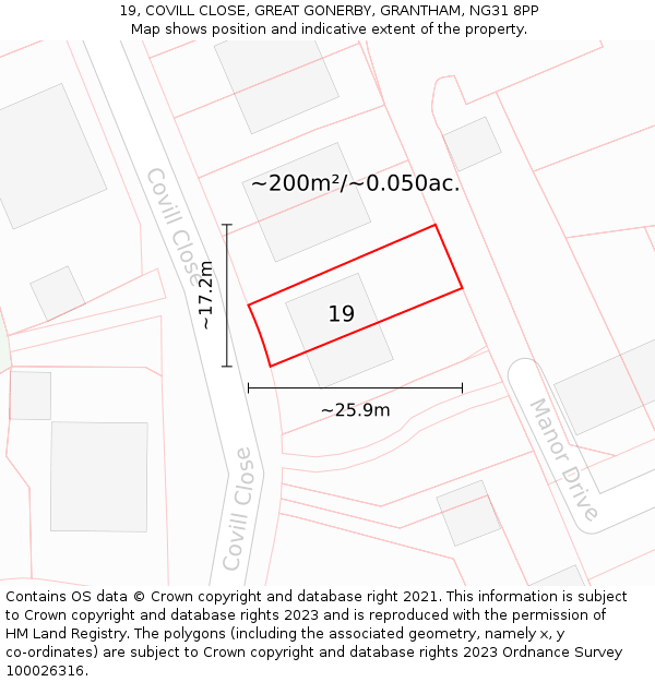 19, COVILL CLOSE, GREAT GONERBY, GRANTHAM, NG31 8PP: Plot and title map