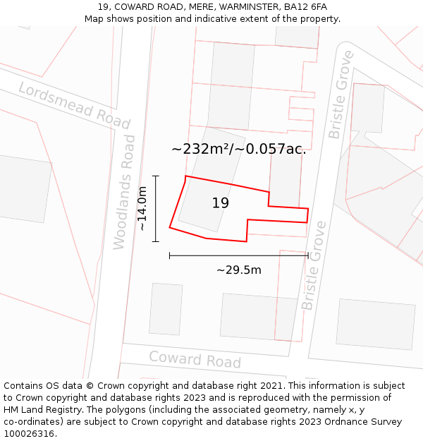 19, COWARD ROAD, MERE, WARMINSTER, BA12 6FA: Plot and title map