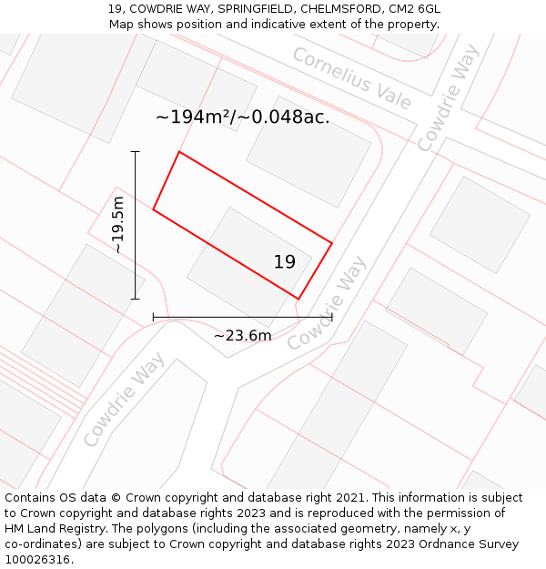 19, COWDRIE WAY, SPRINGFIELD, CHELMSFORD, CM2 6GL: Plot and title map