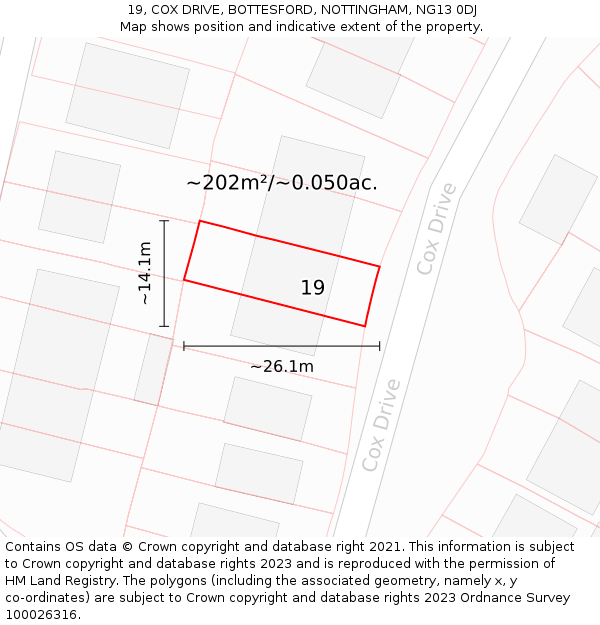 19, COX DRIVE, BOTTESFORD, NOTTINGHAM, NG13 0DJ: Plot and title map