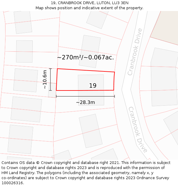 19, CRANBROOK DRIVE, LUTON, LU3 3EN: Plot and title map