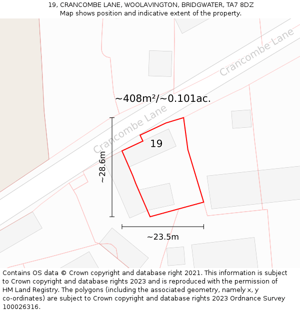 19, CRANCOMBE LANE, WOOLAVINGTON, BRIDGWATER, TA7 8DZ: Plot and title map
