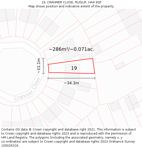 19, CRANMER CLOSE, RUISLIP, HA4 9QF: Plot and title map