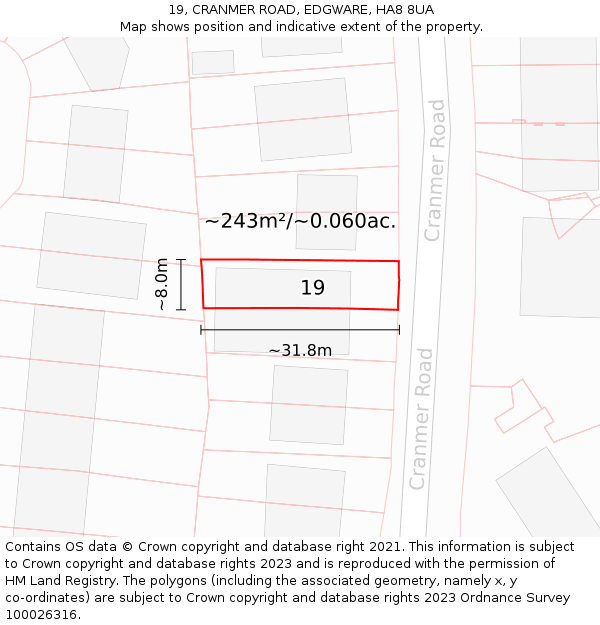19, CRANMER ROAD, EDGWARE, HA8 8UA: Plot and title map