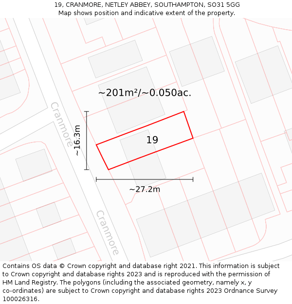 19, CRANMORE, NETLEY ABBEY, SOUTHAMPTON, SO31 5GG: Plot and title map