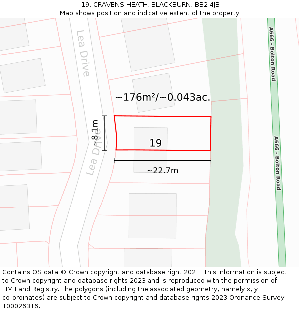 19, CRAVENS HEATH, BLACKBURN, BB2 4JB: Plot and title map