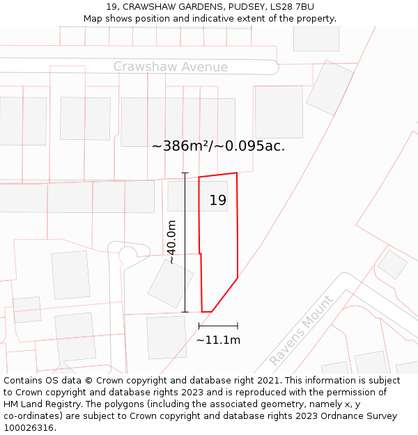 19, CRAWSHAW GARDENS, PUDSEY, LS28 7BU: Plot and title map