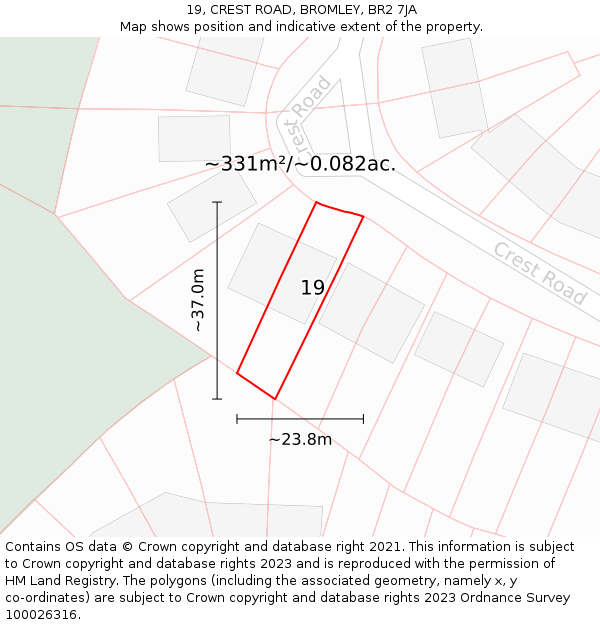 19, CREST ROAD, BROMLEY, BR2 7JA: Plot and title map