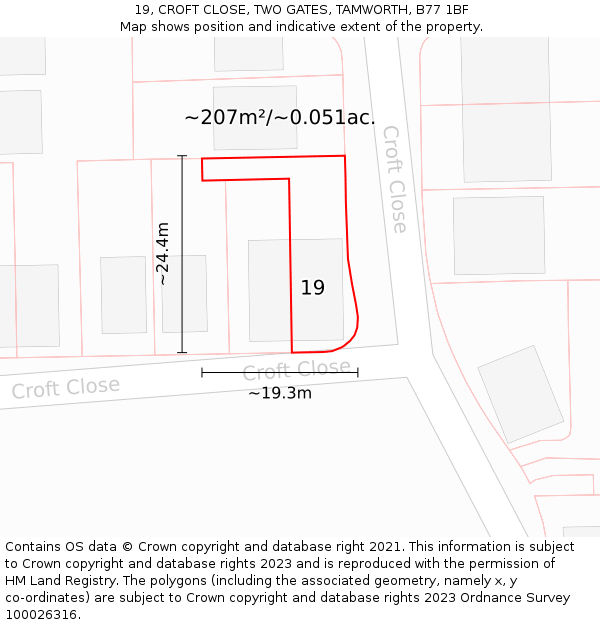 19, CROFT CLOSE, TWO GATES, TAMWORTH, B77 1BF: Plot and title map