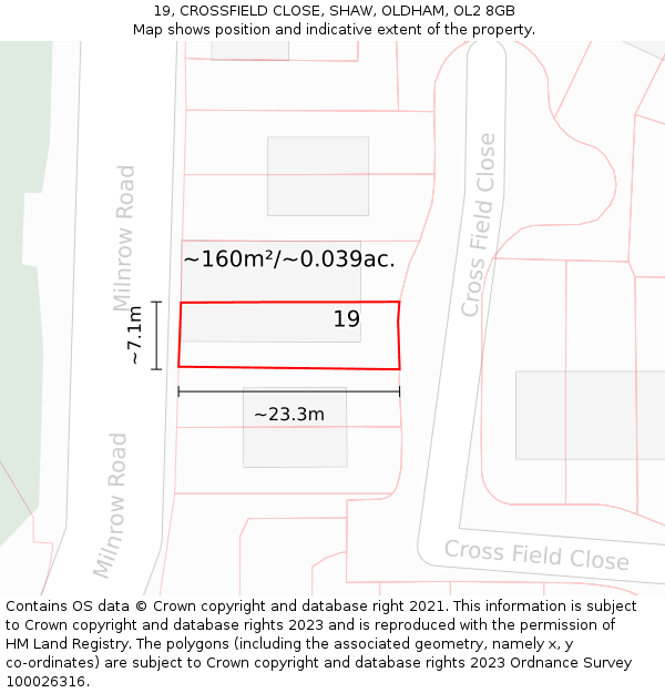 19, CROSSFIELD CLOSE, SHAW, OLDHAM, OL2 8GB: Plot and title map