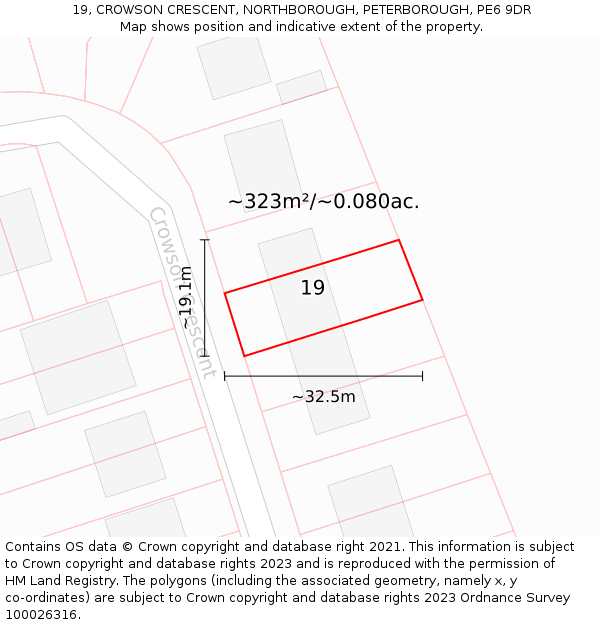 19, CROWSON CRESCENT, NORTHBOROUGH, PETERBOROUGH, PE6 9DR: Plot and title map