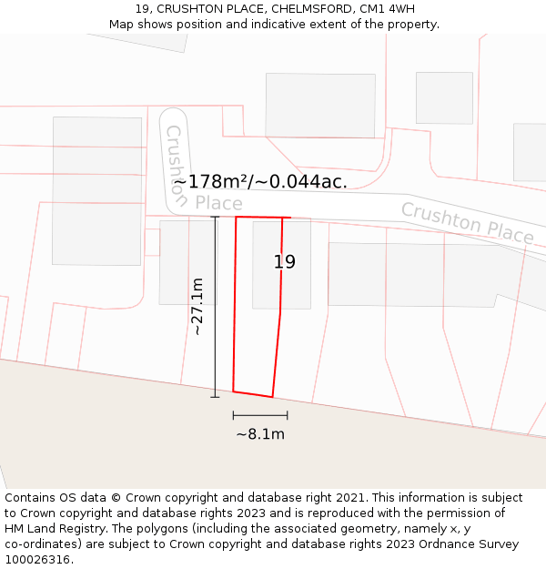 19, CRUSHTON PLACE, CHELMSFORD, CM1 4WH: Plot and title map