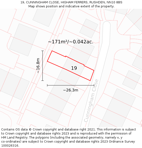 19, CUNNINGHAM CLOSE, HIGHAM FERRERS, RUSHDEN, NN10 8BS: Plot and title map