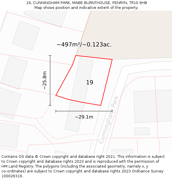 19, CUNNINGHAM PARK, MABE BURNTHOUSE, PENRYN, TR10 9HB: Plot and title map