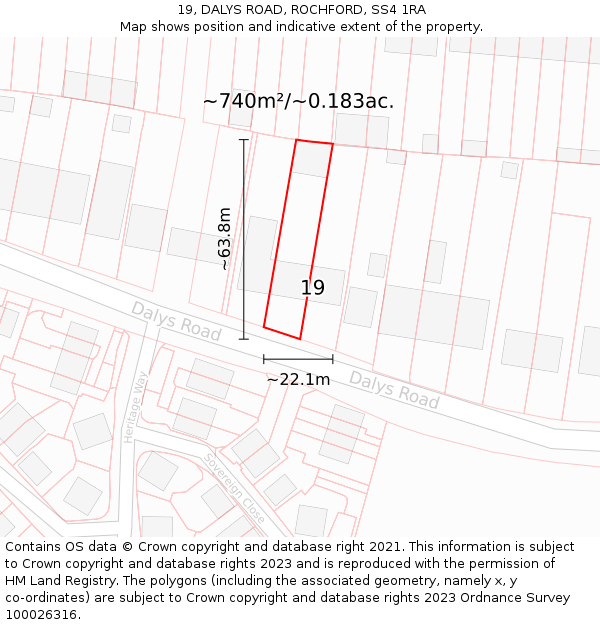 19, DALYS ROAD, ROCHFORD, SS4 1RA: Plot and title map