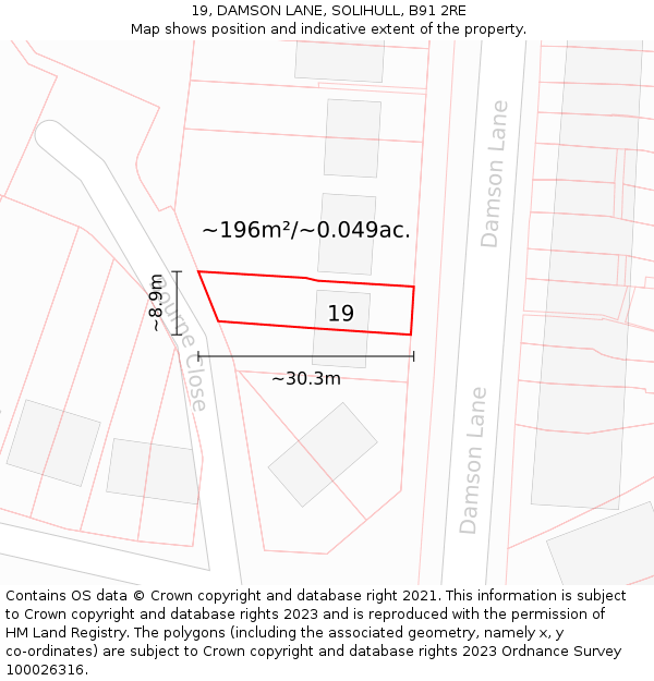 19, DAMSON LANE, SOLIHULL, B91 2RE: Plot and title map
