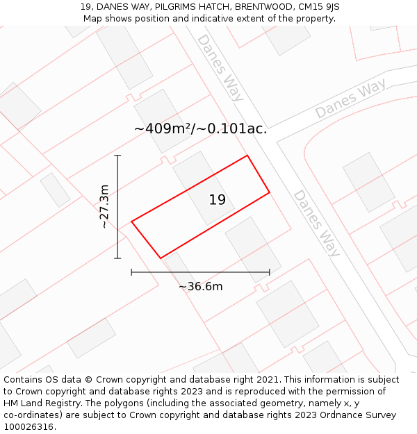 19, DANES WAY, PILGRIMS HATCH, BRENTWOOD, CM15 9JS: Plot and title map