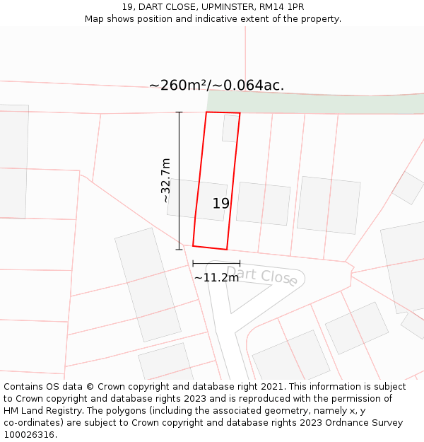19, DART CLOSE, UPMINSTER, RM14 1PR: Plot and title map