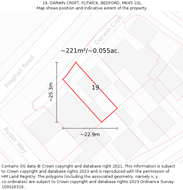 19, DARWIN CROFT, FLITWICK, BEDFORD, MK45 1GL: Plot and title map