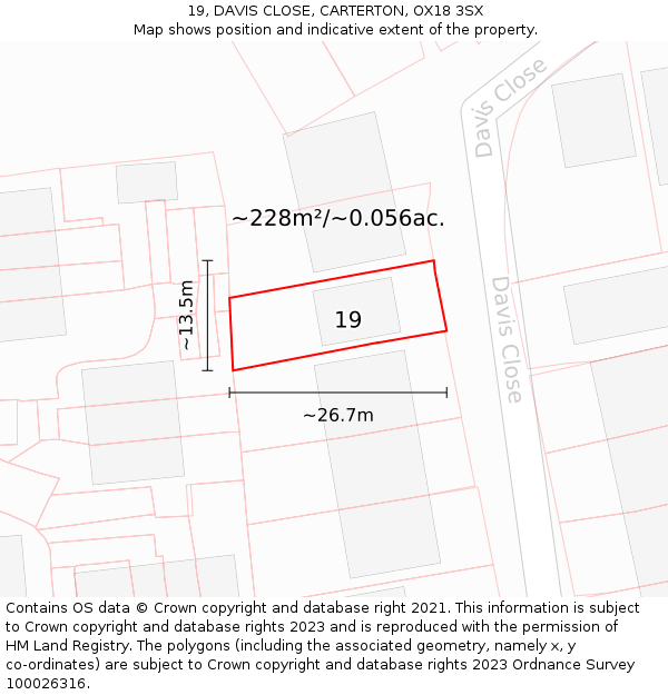 19, DAVIS CLOSE, CARTERTON, OX18 3SX: Plot and title map