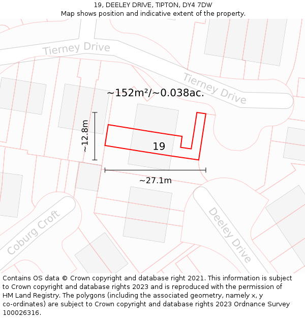 19, DEELEY DRIVE, TIPTON, DY4 7DW: Plot and title map