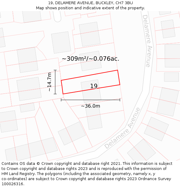 19, DELAMERE AVENUE, BUCKLEY, CH7 3BU: Plot and title map