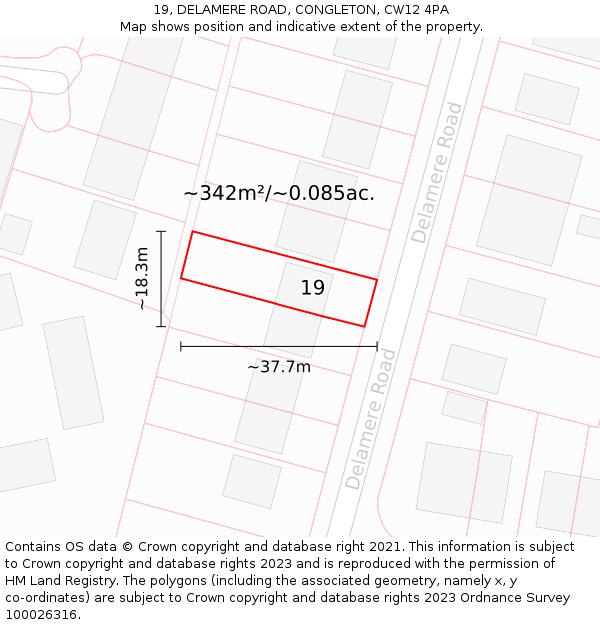 19, DELAMERE ROAD, CONGLETON, CW12 4PA: Plot and title map