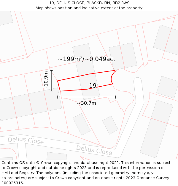 19, DELIUS CLOSE, BLACKBURN, BB2 3WS: Plot and title map